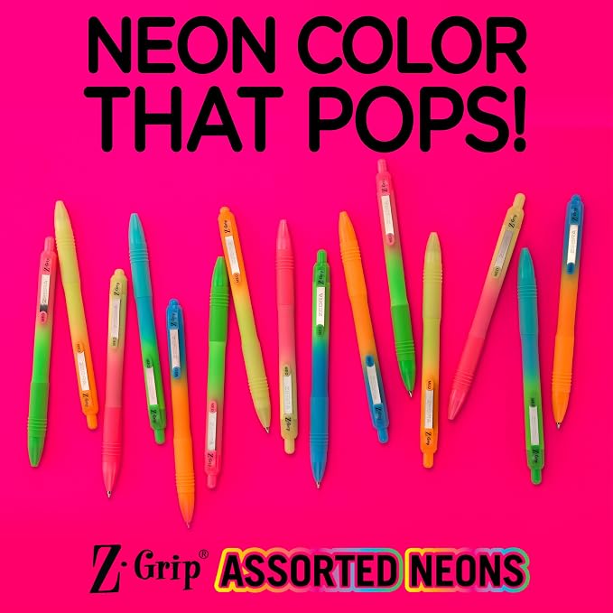 Zebra Pen Z-Grip Retractable Ballpoint Pen, Smooth-Flowing Black Ink, 1.0mm Medium Point, Assorted Ombre Neon Barrels, Teacher, School & Office Supplies, Ideal for Note-Taking, 18-Pack (23018AMZ)