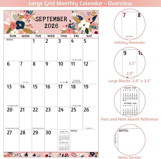 2026-2027 Wall Calendar - Large Print Calendar 2026-2027, 18 Monthly Calendar, Jul. 2026 - Dec. 2027, 14.6 x 22.8 In (Open), with Big Numbers, Large Grid, Notes, Moon Phases, Great for Planning