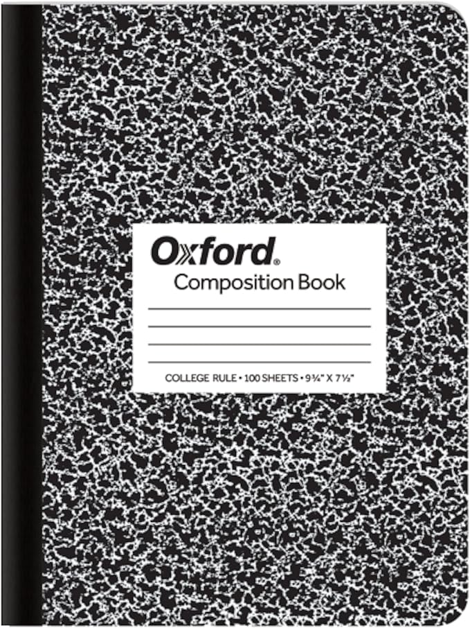 Oxford Composition Notebook, College Ruled Paper, 9-3/4" x 7-1/2", Black Marble Covers, 100 Sheets, 1 Book (63796)