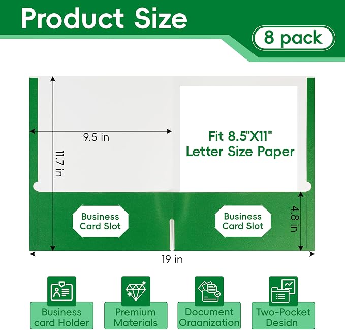 8 Packs Green Two Pocket File Folders,File Folder Letter Size,8.5x11Inches File Folders for Office,School and Home,Organizer File Folder