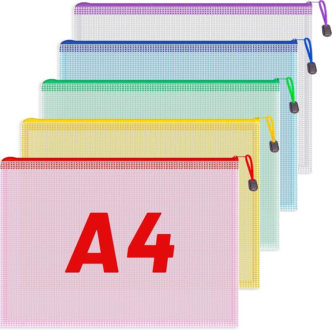 Koogel 5PCS Mesh Zipper Pouch Bags, A4, Waterproof File Folders, 5 Colors | Reusable PVC Plastic Pouches for Organizing Storage, Clear Mesh Bag for School, Office, Classroom Supplies