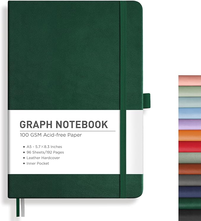 RETTACY Graph Grid Paper Notebook, 192 Pages, A5 Size (5.7'' x 8.3'') | 5 Squares per Inch, Leather Hardcover, 100 GSM Thick Paper, for School, Students, Math, Engineering (Dark green)
