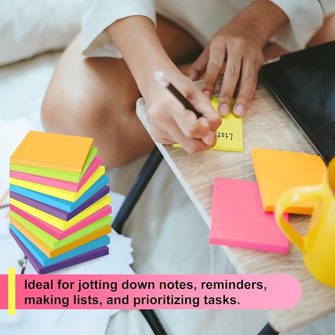 OHOME Sticky Notes - 12 Pads, 3”x3” - Colorful Self-Stick Post Notes Bulk - Office Desk Accessories | Teacher Classroom Must Haves,Aesthetic School Supplies for Home,Back to School Essential