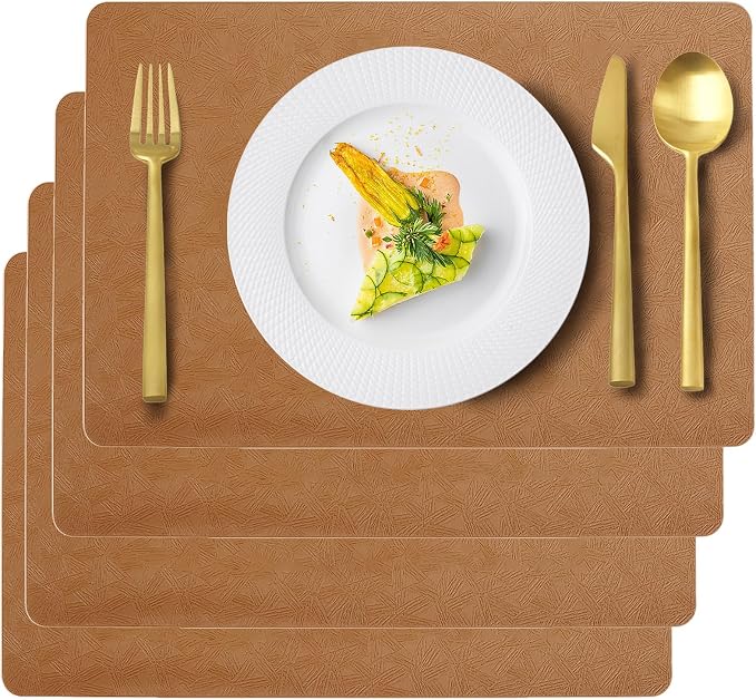 Brown Plastic Placemats Set of 4, Faux Leather Waterproof Table Mats | Brown Vinyl placemats,Wipeable and heat resistant table mats.Easy to clean,great for indoor and outdoor