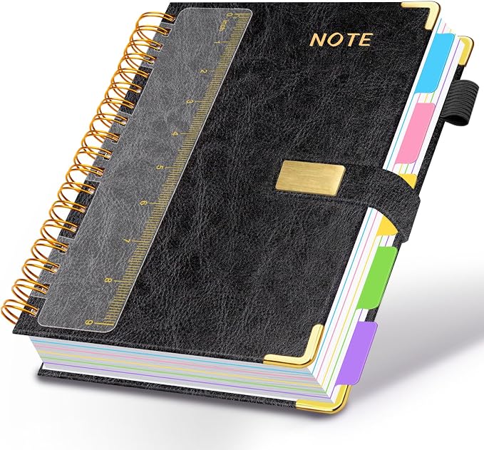 Hardcover Spiral Notebook 8''x 10'' College Ruled Notebook with Magnetic Closure, 300 Pages 5 Subject Notebooks with Pocket Dividers for Work School, B5 Leather Journal for Women, Men (Black)