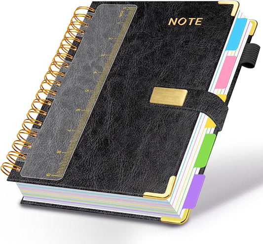 Hardcover Spiral Notebook 8''x 10'' College Ruled Notebook with Magnetic Closure, 300 Pages 5 Subject Notebooks with Pocket Dividers for Work School, B5 Leather Journal for Women, Men (Black)