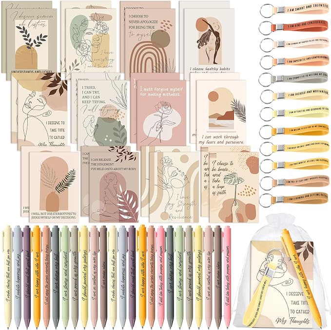 Mooliwe 24 Set Positive Affirmation Gift Set Gratitude Notebooks with Pens Keychains Small Bags Motivational Party Favors for Adult Women Coworkers Employee Group (Abstract)