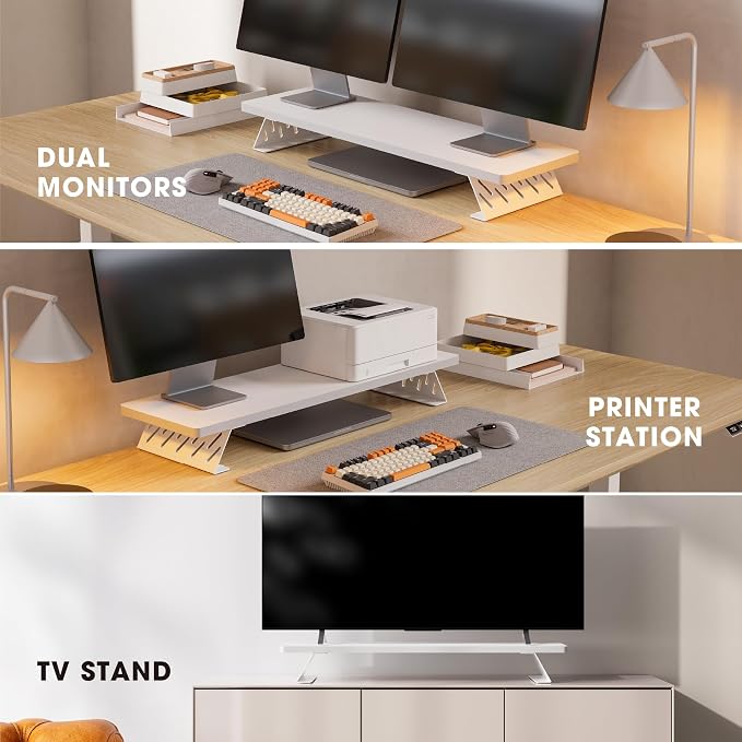 Fenge Monitor Stand Riser, Wooden & Metal Desk Shelf Organizer, White | 31.5 Inch Computer Stand for Compact Work Station, Multifunctional Monitor Shelf for Laptop, PC, Printer