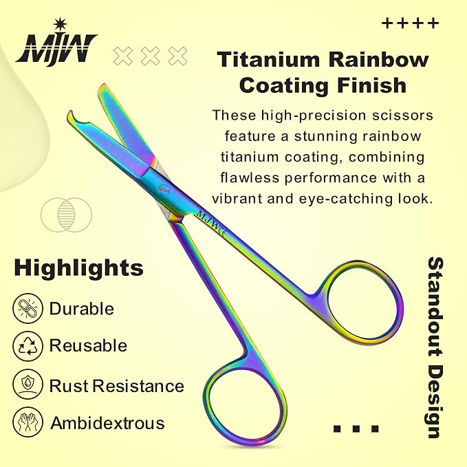 MJW Stainless Steel Suture Stitch Scissors with Multicolor/Rainbow Titanium Coating - Precision Trimming Scissors for Embroidery, Cross-Stitch, Quilting, Sewing, DIY Crafts Enthusiasts and More