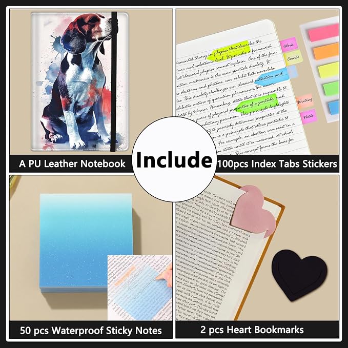 A5 Leather Lined Journal Notebook, 200 Pages Hardcover Executive Notebook for Men Women Office School Note Taking, Thick Writing Paper Daily Journal with Bookmarks/Indexes, Beagle Watercolors