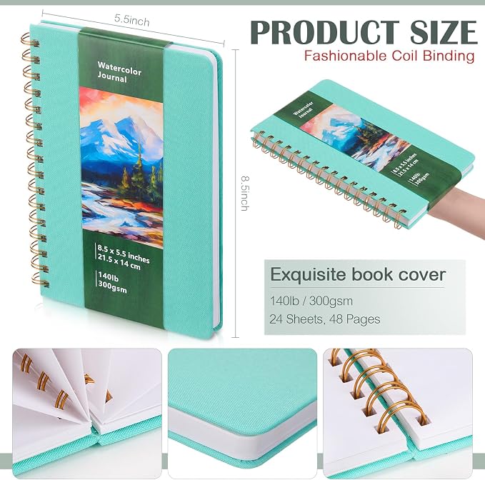 Dispowreath Watercolor Sketchbook 5.5" x 8.5" Spiral Bound Water Color Journal 24 Sheets 140lb/300g Cold Press Small Linen Watercolor Sketchbook for Mixed Media Drawing and Markers (Turquoise)