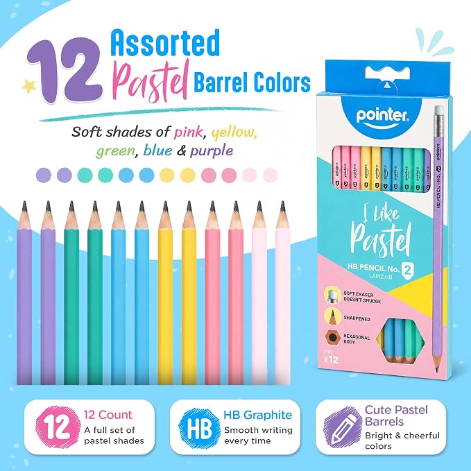 Pointer Pastel HB Pencils with Soft Eraser, Hexagonal Body, Pre-Sharpened, Assorted Colors, 12 Count | #2 HB Writing Core Pre-Sharpened Tips Built-In Erasers Hexagonal Anti-Roll Design Back to School Essential