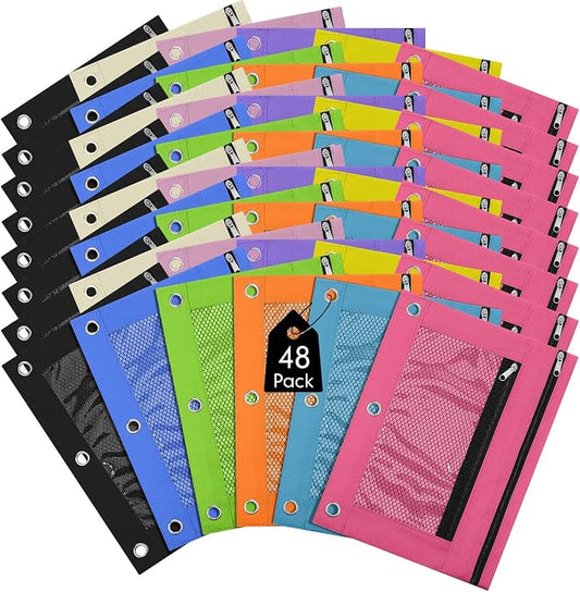 Leelosp 48 Pack Pencil Pouch for 3 Ring Binder Mesh Zipper Pencil Case Bags Binder Pouches Bulk for School Writing Utensils Storage Supplies (Vivid Colors)