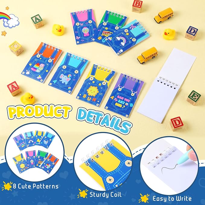 Faccito 24 Pcs Cartoon Girls Mini Notebook English Teacher Party Favors Cute Denim Overalls Small Notepads Pocket Spiral Journal for Birthday Party Supplies Classroom Rewards Gift, 2.4 x 3.9 Inch
