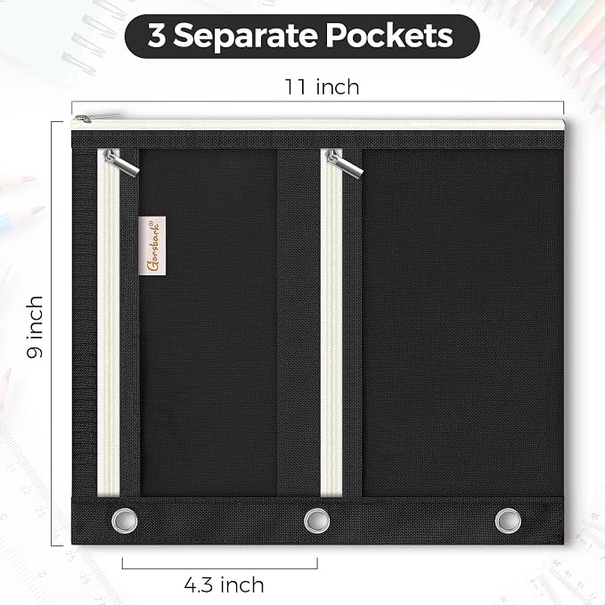 3 Ring Binder Pencil Pouch, 3-Pocket Zipper Pencil Case with Reinforced Grommets & Clear Window, Durable Pen Organizer for School Office Supplies Black