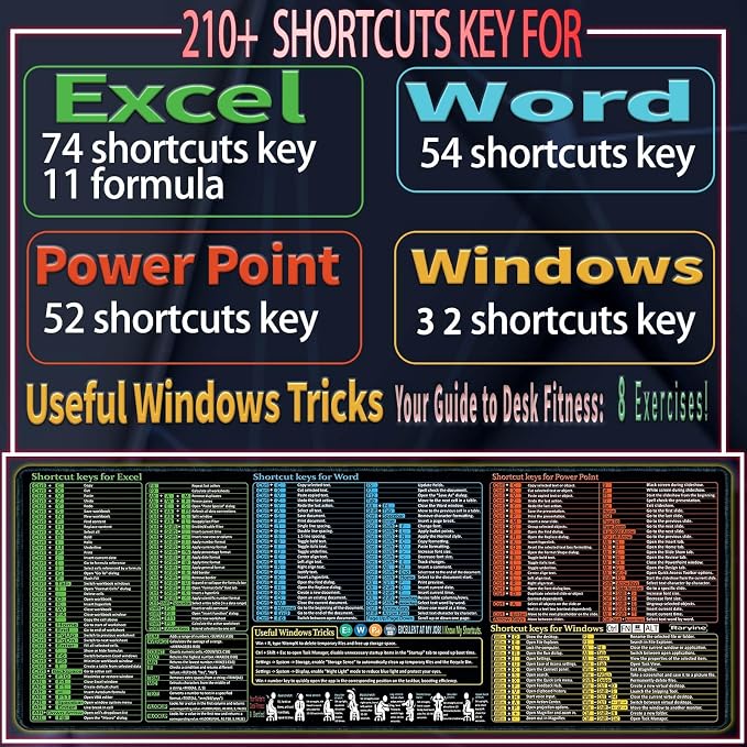 Excel/Word/Power Point/Windows Mouse pad,Non-Slip&Waterproof Large Gaming Office pc Desk mat(XL 31.5 x 11.8 in),Over 200 Keyboard Shortcuts Mousepad