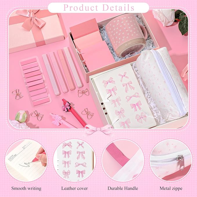 Reallnaive 25 Pcs Pink Bow Gift Set, Coquette Aesthetic School Supplies Gift with Mug, Notebook, Tote Bag, Pens, Highlighters, Stickers & Pencil Pouch, Cute Back to School Gifts for Girl, Women
