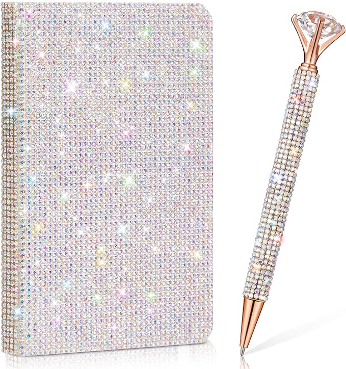 Rhinestone Pen & Glitter Notebook Set, Hard Cover Bling Diary Journal for Girls, Cute School Supplies for Back to School, Sparkly Desk Accessories Gift for Women(Rhinestone,A6,Silver)