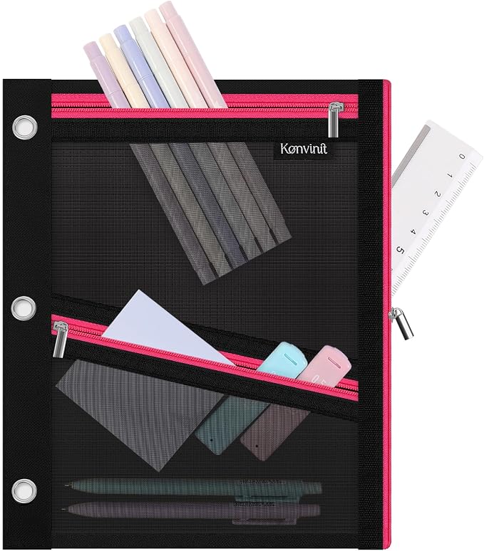 KONVINIT Pencil Pouch for 3 Ring Binder, Black Zipper Binder Pencil Pouch | Zipper Pencil Pouches, Durable Cloth Pencil Case With 3 Pockets, Mesh Window Pencil Bag With Supplies, Cables, Makeup