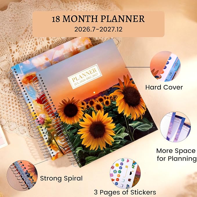 CAGIE Planner 2026-2027 18 Month July 2026-Dec 2027 Hourly Daily Calendar Weekly Monthly Planners Hardcover Large Yearly Agenda with Stickers Tabs for Women Work Mom, 8.5 x 11, Sunflower