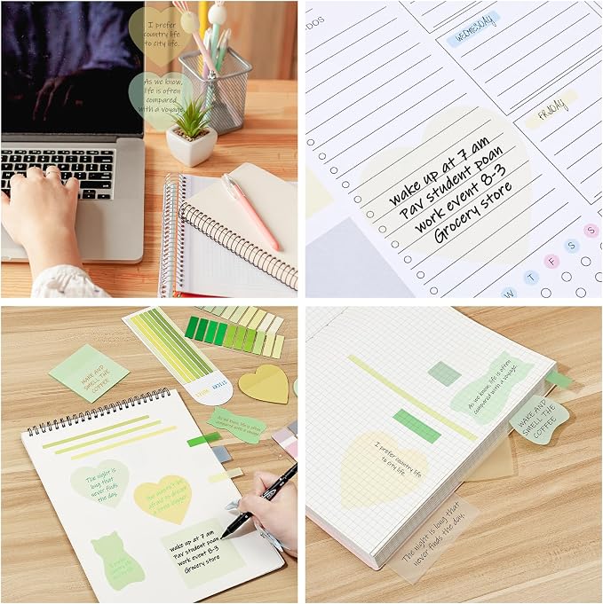 BAYTORY 850 Sheets Transparent Sticky Notes with Permanent Markers (Green) | Clear 3 x 3 inch Sticky Note to Post Book Annotation Kit, See Through Self-Adhesive Index Tabs for Bible Journaling