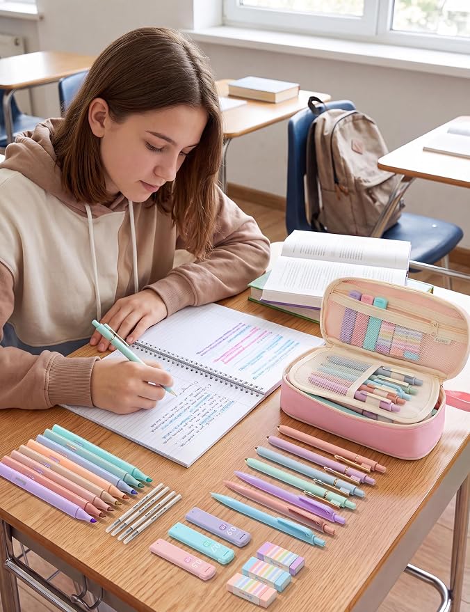 SUNEE 54PCS Aesthetic Stationery Set with Cute Pencil Case, 8 Color Pastel Highlighters, 8 Black Gel Pens, 6 Mechanical Pencils & Refills, College School Supplies for Students Girls Pink