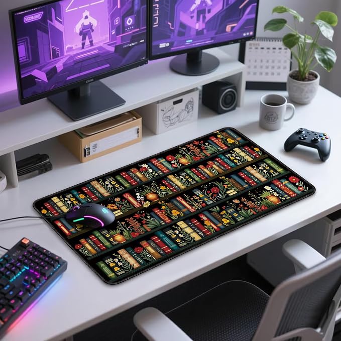 Vintage Library Bookshelf Large Gaming Mouse Pad 31.5"x15.7"｜ Flower XXL Desk Mat, Non-Slip Rubber Base & Stitched Edges - Extended Waterproof Mousepad for PC/Laptop/Office/Home Decor