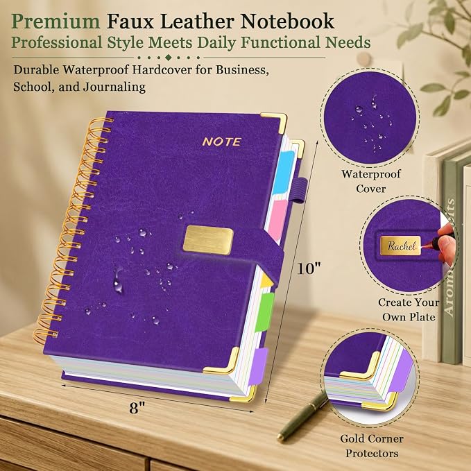 Hardcover Spiral Notebook 8''x 10'' College Ruled Notebook with Magnetic Closure, 300 Pages 5 Subject Notebooks with Pocket Dividers for Work School, B5 Leather Journal for Women, Men (Purple)