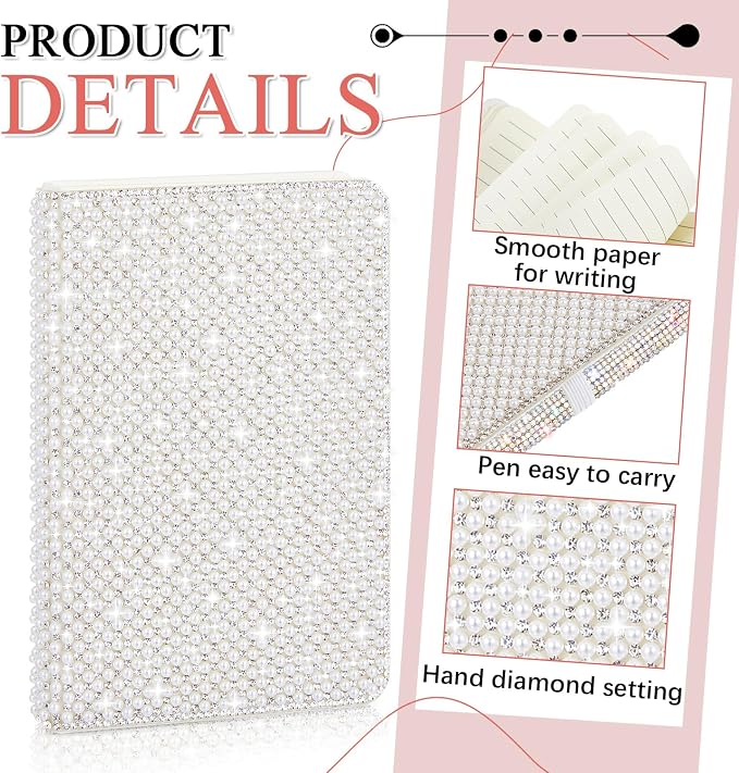 Rhinestone Pen & Glitter Notebook Set, Hard Cover Bling Diary Journal for Girls, Cute School Supplies for Back to School, Sparkly Desk Accessories Gift for Women(Pearl,A6,White)