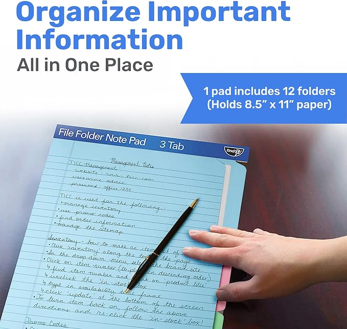 Find It File Folder Notepad - Pack of 36-9.5 x 12.5 Inch Notebook Organizer Folders for Filing, Document, and Clipboard Organization - Assorted Colors | Wide-ruled clipboard-style pages, tear-out perforated sheets, great for office, home, and school fi...