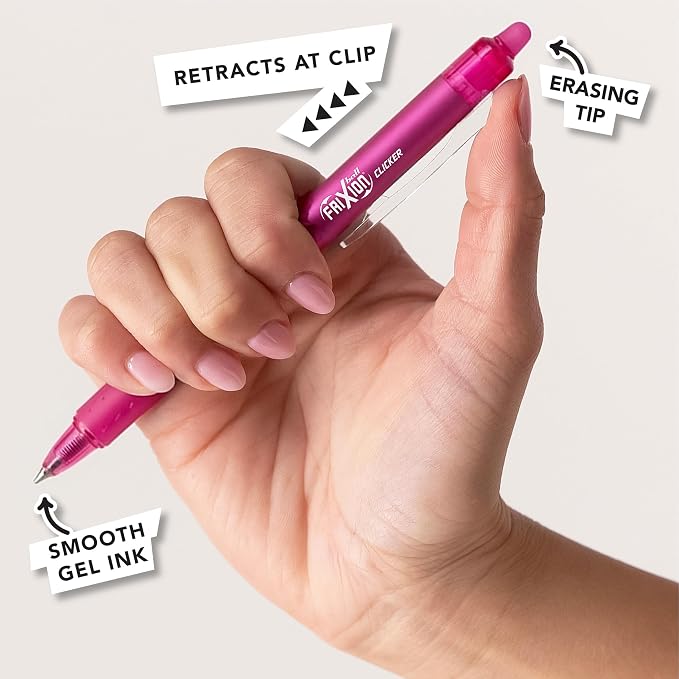Pilot, FriXion Vibe Clicker Premium Erasable Gel Ink Pens, Find Your DreamGlow Vibe, Uplifting & Dreamy Colors, 7 Pack, Fine Point 0.7 mm, Assorted Pink/Purple Inks