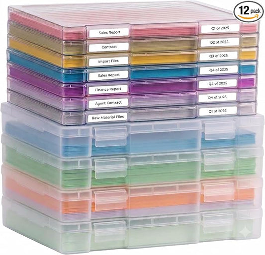 12 Packs A4 Paper Storage Boxes, 8.5 x 11 Plastic Portable Project Case for US letter Size and A4 paper, Plastic Multi-Purpose Thick Scrapbook Storage Box for Office