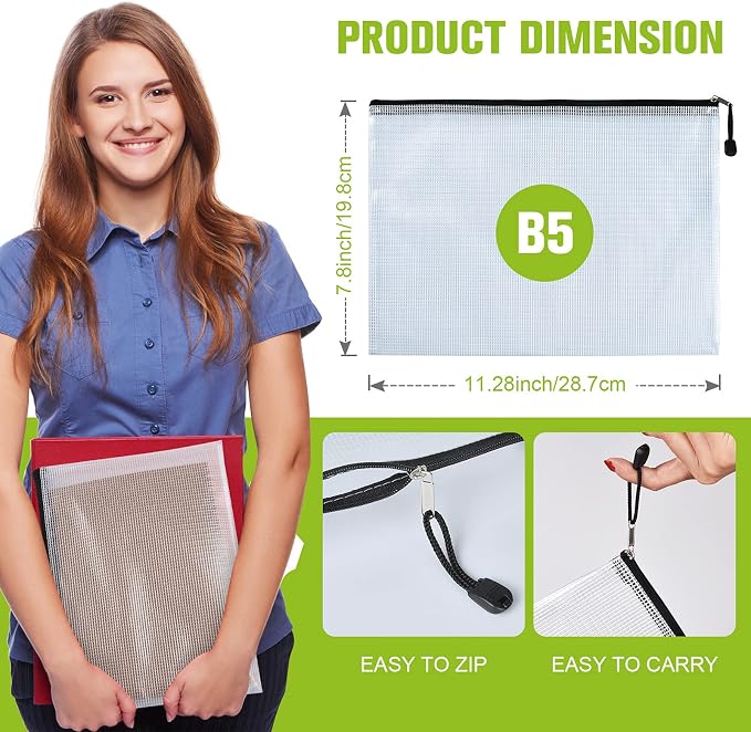 6PCS Mesh Zipper Pouch Bags: B5 Clear Zipper Pouches for Classroom, Black | 11.26×7.9 Inch Plastic Mesh Bag Document Pouch, Waterproof Organizing Pouch for School Office Supplies,Bikini Travel Storage