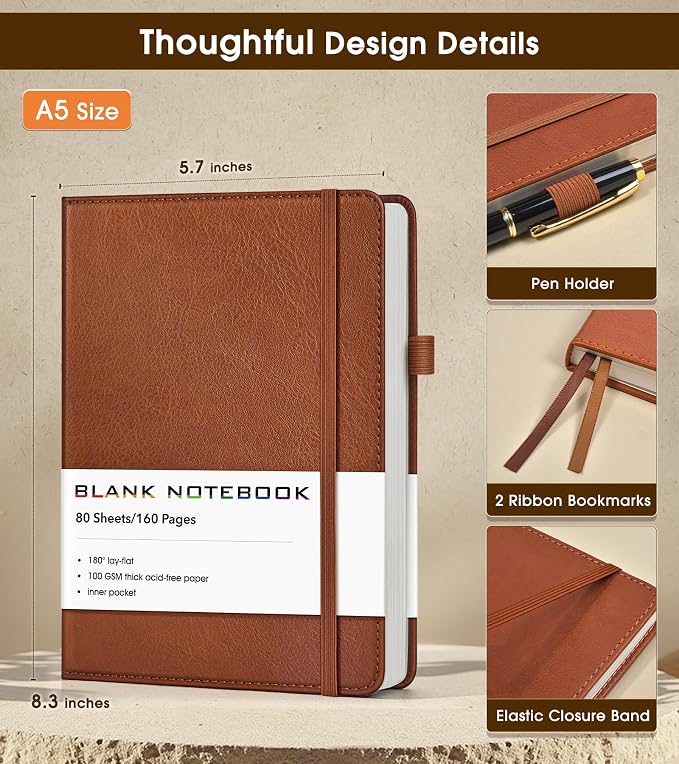 Journal Notebook, A5 Leather Hardcover Blank Sketchbook, 160 Pages, 180° Lay-Flat Binding, 100 GSM Thick Paper, for Sketching, Drawing, Art Journaling & Creative Writing (Brown)