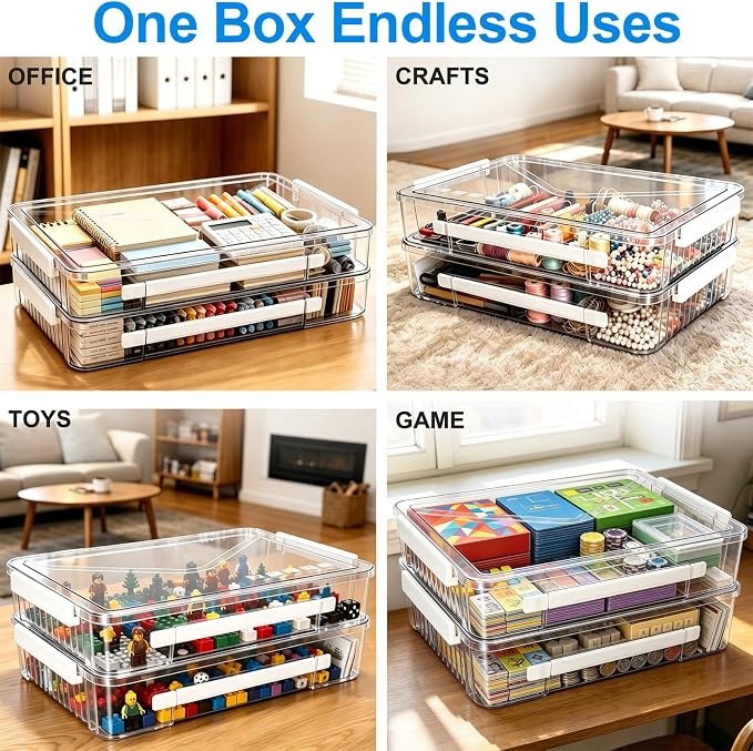 2 Pack Board Game Storage Box,Clear Stackable Craft Organizer | Clear PET with lid & side latches,Fits Letter & A4 papers,Flat cases for art,sewing supplies and documents organization