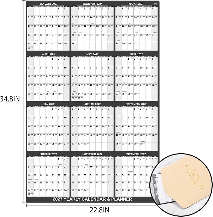 2027 Calendar - 2027 Yearly Wall Calendar, Jan.2027 - Dec.2027, Yearly Wall Calendar 2027, 34.8" x 22.8"(open), Round Stickers, Vertical - Grey