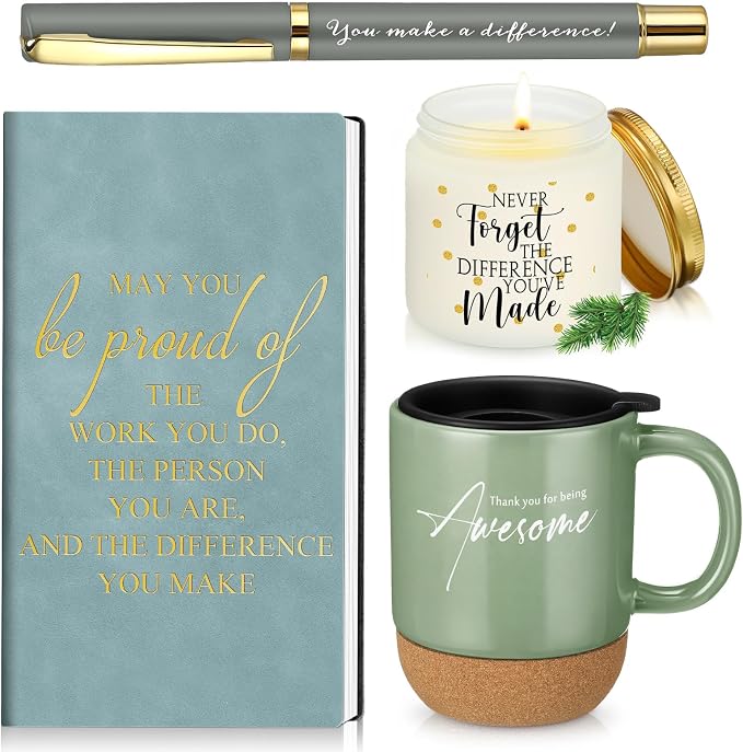 Sayglossy 4 Pcs Thank You Gifts for Men Women Teacher Employee Coworker Appreciation Notebook Inspirational Coffee Mug Scented Candle Ballpoint Pen for Volunteer Housekeeping