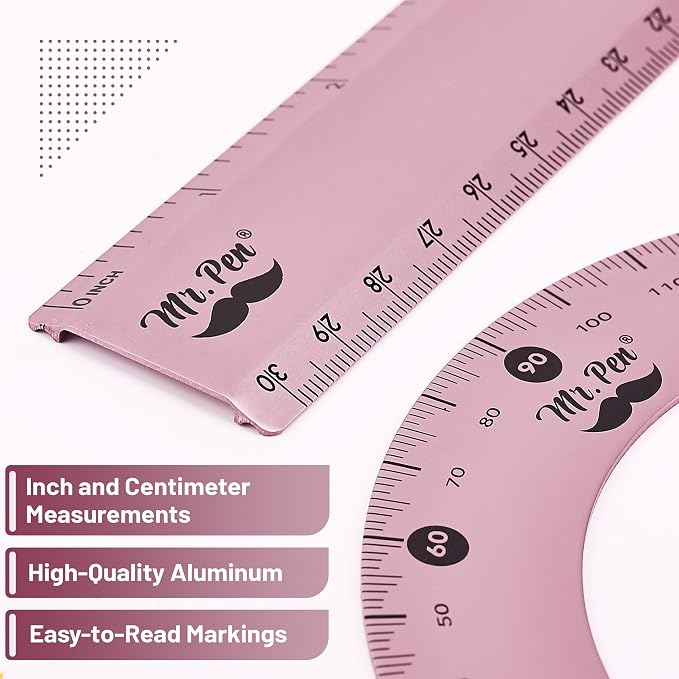 Mr. Pen- Metal Geometry Kit, 4 Pack, 45° & 30°/60° Set Squares | 6" Protractor & 12" Ruler, Durable Metal Drafting Tools for Technical Drawing, Math, Engineering & Architecture