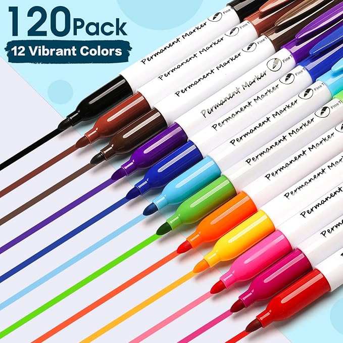 Permanent Markers Bulk, 120 Pack Fine Point Markers in 12 Assorted Colors, Quick Dry & Waterproof Markers for Plastic, Glass, Wood & Metal, Back to School Supplies