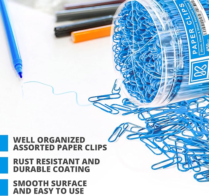 Kempshott 450 Blue Color Paper Clips Assorted Sizes Small, Medium and Large Paper Clips for Paperwork Ideal for Home, School and Office Use (Assorted, Blue)