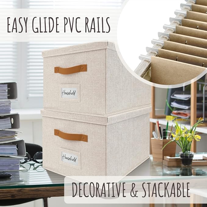 Decorative File Organizer Box Set of 2 - Collapsible Linen Filing Cabinets | Stores documents and hanging file folders - portable office crates with lid and handles for easy slide access