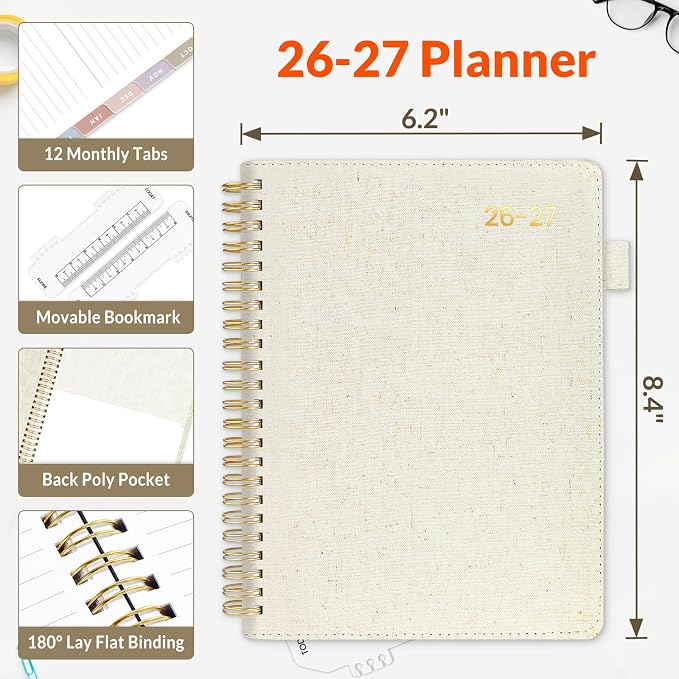 SUNEE 2026-2027 Weekly & Monthly Planner 6.4"x8.5" - 12 Month (July 2026 - June 2027), Vegan Leather Cover Planner Academic Year Calendar, Pocket, Notes, Monthly Tab, Beige
