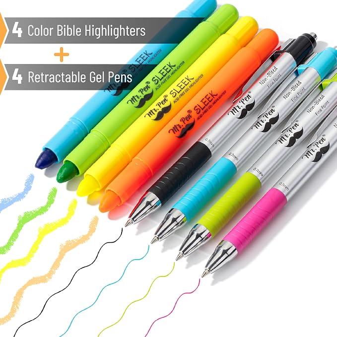 Mr. Pen- Bible Highlighters and Pens No Bleed, 8 Pack | Colorful Ink Pens 0.7mm for Highlighting, Bullet Journaling, Note-Taking, Summarizing, Bible Study, Planning