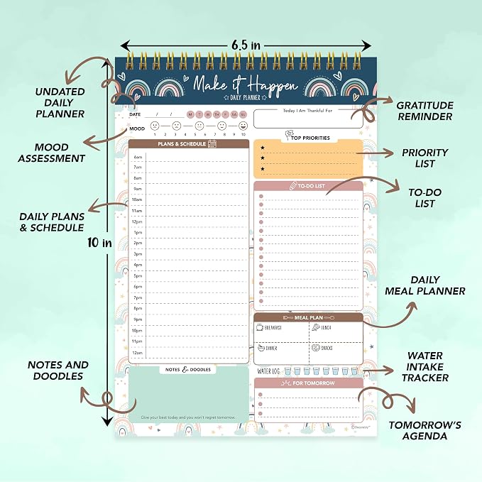 Decorably 52 Sheets Boho Rainbow Undated Daily Notepad - 6.5x10in Spring-Bound Planner, Easy Tear-Off, for Schedule, Priorities, to Dos, Agenda, Water Intake, Meals, Notes & Doodles - Home, Office