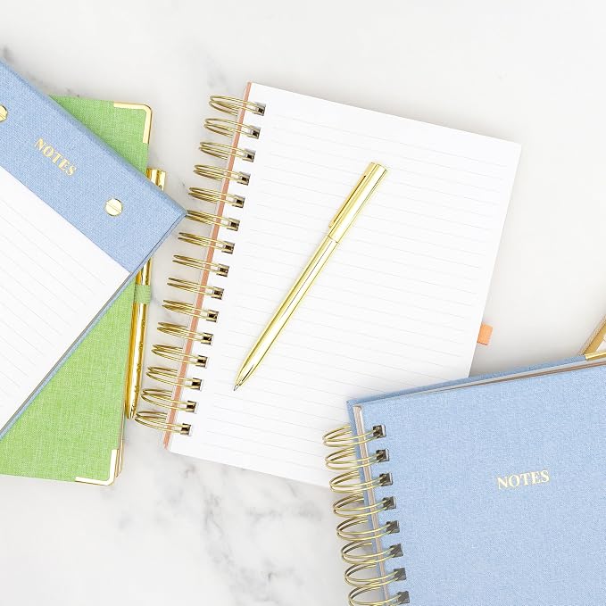 ELYN Lined Spiral Journal, Linen Hardcover Notebook with Matching Gold Gel Pen, 252 Pages, 8 in x 5 in - 100 GSM Premium Paper, Spiral Notebook for Home, Office, Notes & Gifts, (Blue)
