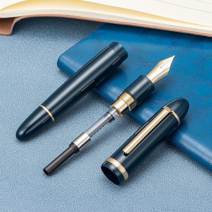 Jinhao X159 Dark Blue Acrylic Fountain Pen, Size 8 Medium Nib Gold Trim Classic Design Smooth Writing Pen with Converter