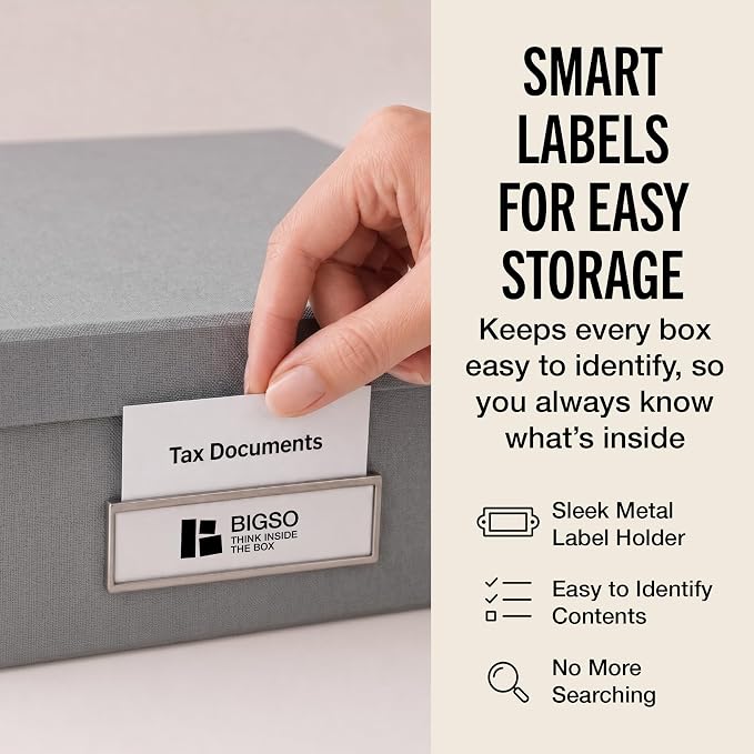 Bigso Oskar Fiberboard Label Frame Document Letter Box - File Organizer Box for Important Paperwork - Document Storage with a Lid & Metal Label Window - 3.3 in x 10.2 in x 13.8 in - Grey