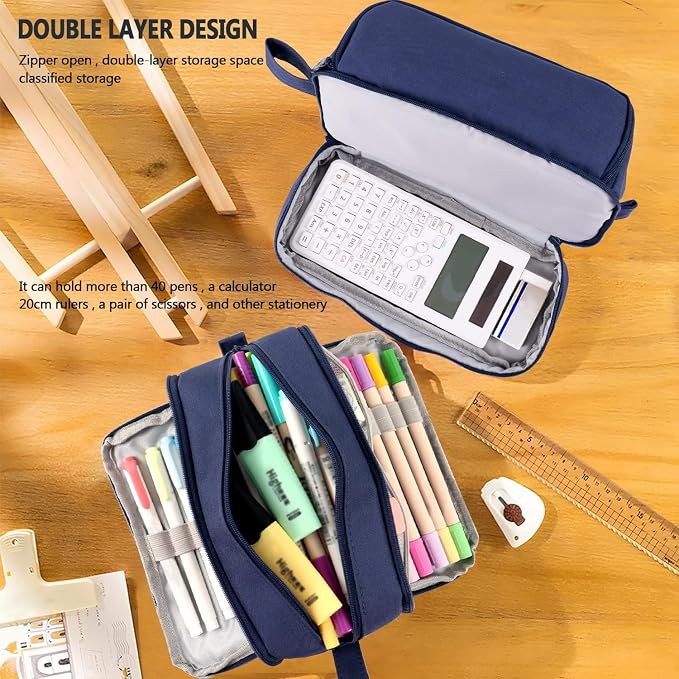 MAMUNU Large Capacity Pencil Case 4 Compartments, Pencil Pouch Bag with Zipper Portable Handle, Pen Case Bag Stationery Organizer for Office College School Adults Teen Girls Boys Men Women, Dark Blue
