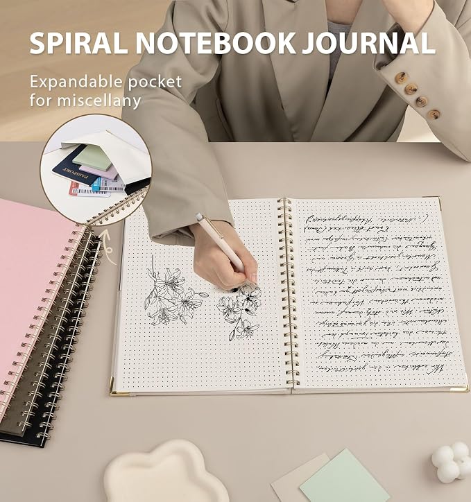 A4 Large Dotted Spiral Notebook Journal, (8.5×11'') 100 Pages 50 Sheets Linen Hardcover College Ruled Journaling For Work & Note Taking Thick Spiral Journal For Writing Daily Journal For Women & Men- White