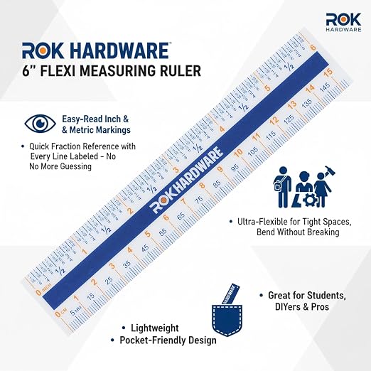Rok 6" Plastic Flexi Ruler, Easy Read English Metric 150mm - ROKRULER | Flexible 15 cm measuring ruler with English and metric markings, designed for easy reading and accurate measurements.